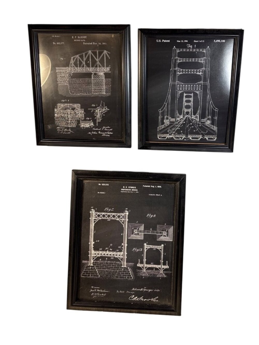 Framed Patent Art Prints Suspension Bridge Designs Set Of 3 Black & White Read